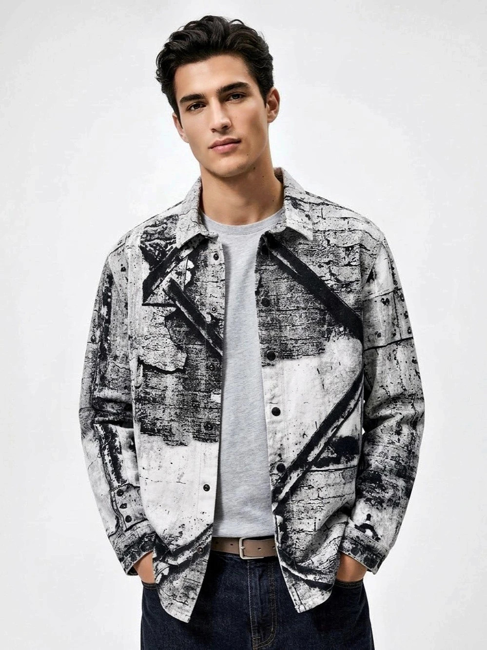 Zara Printed 100% Cotton Shirt Jacket – Black & White, Size XL